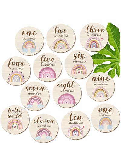 اشتري 13 Pieces Wooden Baby Milestone Cards Boho Rainbow Double Sided Printed Milestone Discs Wood Gift Photo Prop Discs Sets Birth Announcement Sign for Baby Shower and Newborn Photo Props في السعودية