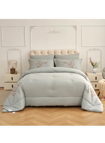 اشتري Comforter Set 6-Piece Double Size Solid Designer Bedding Set Applique Embroidered With Down Alternative Filling ,Grey في السعودية