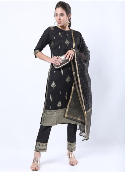 Buy Set of 3 - Floral Printed Straight Kurta, Trouser & Dupatta in Saudi Arabia