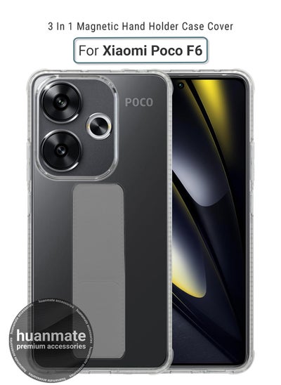 Buy Xiaomi Poco F6 Magnetic Case With Hand Grip Holder & Kickstand - Strong Grip for Magnetic Car Holder, Stylish & Functional, Ultimate Convenience & Hands-Free Viewing - Clear/Grey in Saudi Arabia