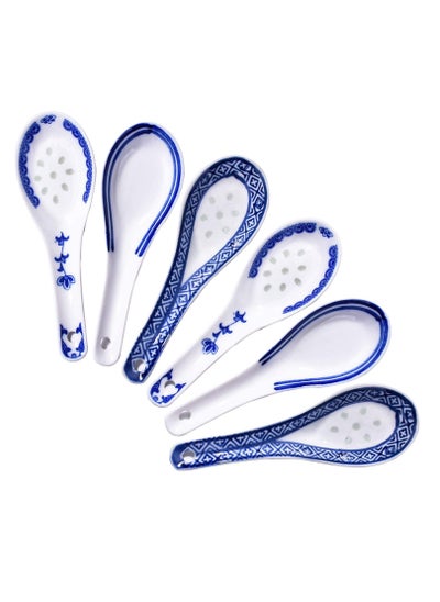 Buy Soup Spoon, Ceramic Chinese Spoon Set 6 Piece Blue and White Porcelain Reusable Dining Ramen Wonton Dumpling Miso Home Kitchen in UAE