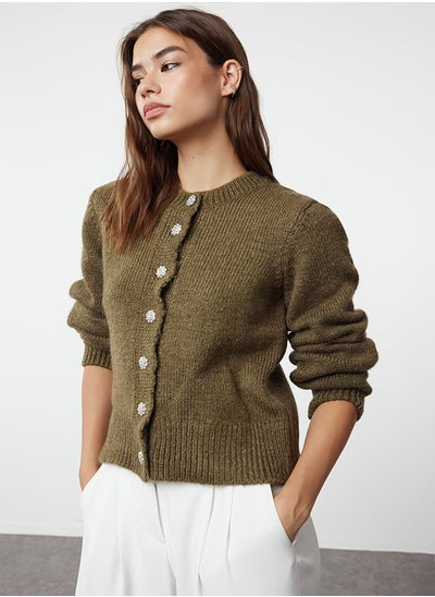 Buy Khaki Soft Textured Jewel Buttoned Knitwear Cardigan TWOAW21HI0034 in Egypt