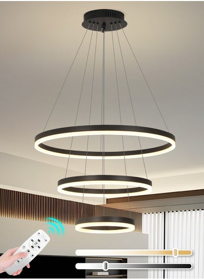 Buy Modern Black Round LED Chandelier, Adjustable Height & Light, Remote Control, 68W, 3000K-6000K, Dimmable Ceiling Light for Dining Room, Living Room, Hall - Aluminum & Acrylic, 15-20m Coverage in UAE