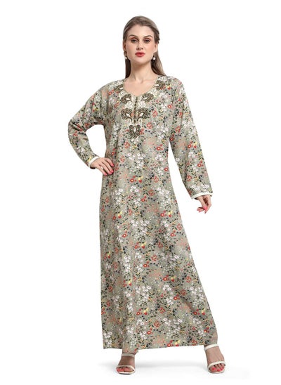 اشتري MULTICOLOUR FLORAL PRINTED WITH EMBROIDERED ELEGANT ARABIC KAFTAN JALABIYA DRESS في الامارات