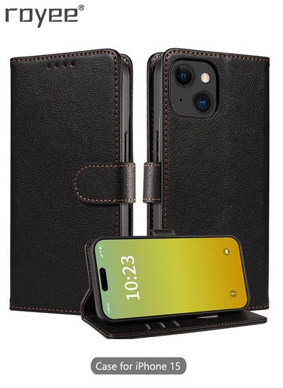 Buy Compatible with iPhone 15 Wallet Case with Card Holder and Wrist Strap Wallet Flip Cover for iPhone 15 6.1inch, Black in Saudi Arabia