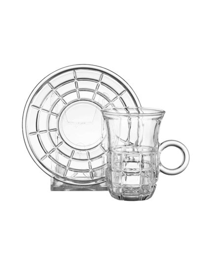 Buy Tea set consisting of 6 cups + 6 saucers made of clear glass with elegant and modern engravings in Saudi Arabia