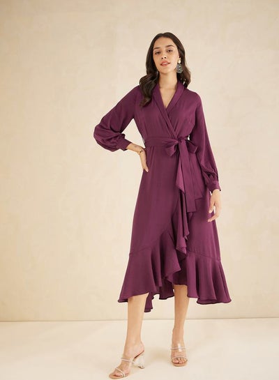 اشتري Shawl Collar Belted Wrap Midi Dress في السعودية