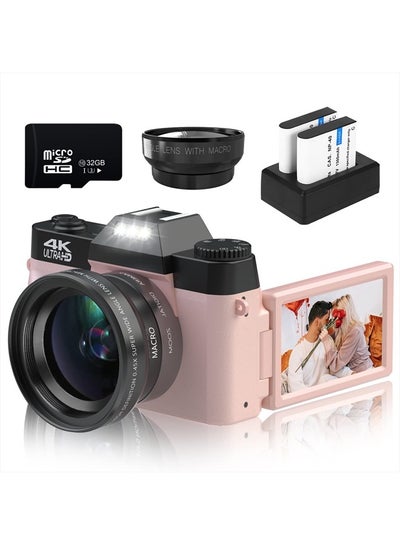 Buy Digital Cameras for Photography, 4K 48MP Vlogging Camera 16X Digital Zoom Manual Focus Rechargeable Students Compact Camera with 52mm Wide-Angle & Macro Lens, 32G TF Card and 2 Batteries in UAE