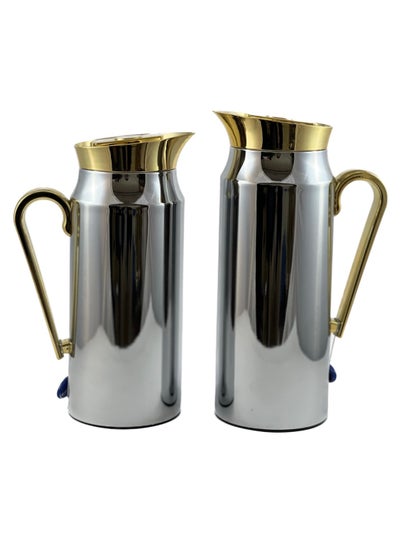 Buy 2-Piece Tea & Coffee Flask - 0.75 Liter & 1 Liter Capacity - Glass Inner - Steel Body - Silver & Gold in UAE