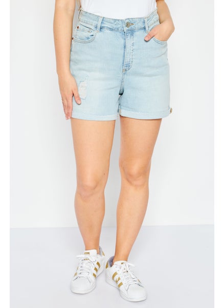 Buy Women High Rise Washed Rip Denim Short, Light Blue in UAE