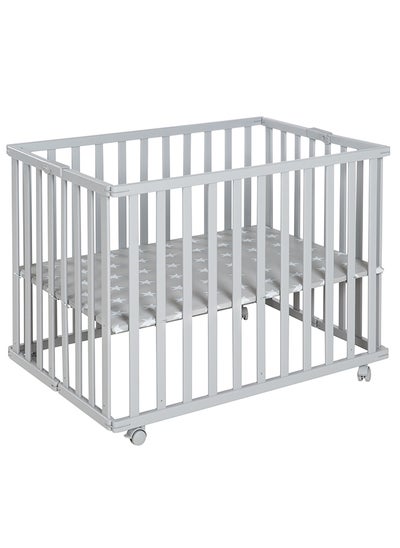 اشتري Wooden Folding Playpen, Two-Tone, 74 X 100 CM, Lockable Wheels, Height Adjustable, Taupe في الامارات