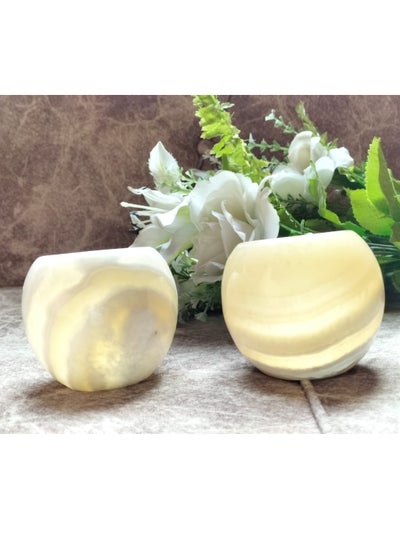 اشتري Set of 2 Candle Holder - Vase - Planter Tub - Natural Alabaster Decor - (Alabaster) Medium and Special Size - Indoor Decoration and Indirect Lighting - Vase - Incense - Great Gift في مصر