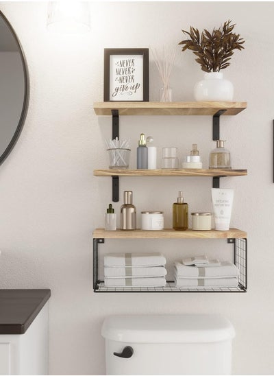 Buy 3-Tier Bathroom Organizer Floating Shelves with Storage Basket Over Toilet Paper Holder Shelf Rack Wall Mounted Rustic Wooden Decor Shelf for Living Bedroom Kitchen Office Classroom in UAE