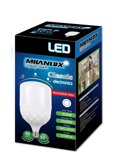 Buy Milanlux Led Bulb, Non-Dimmable , 2700 Lumen, Day-Light White (6500), 30W, E27 Base in UAE