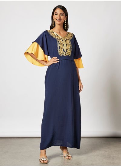 Buy Jalabiya With Embroidery In Short Sleeves With Belt in UAE