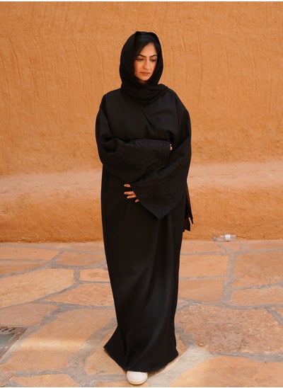 Buy Abaya Black Sleeves Ari work Design, V-Open Neck in Saudi Arabia