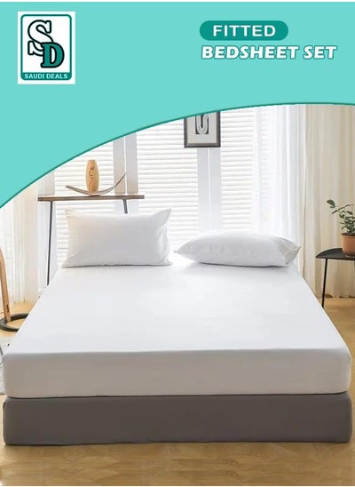 Buy 3-piece White Cotton Fitted Bedsheet Set with Deep-Pocket Sheet and 2 Pillow Covers, Breathable and Machine Washable, King, Queen, and Single Sizes Available. in Saudi Arabia