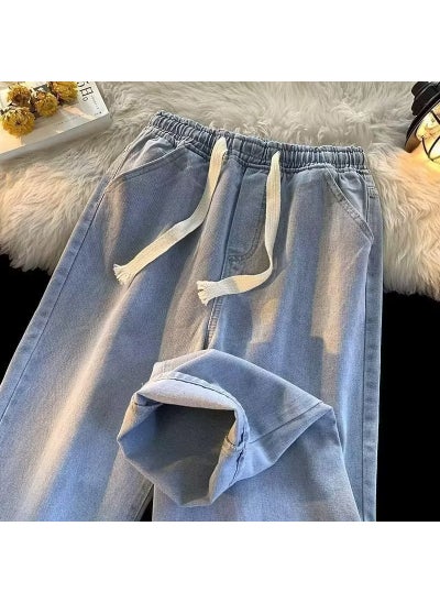 Buy 2023 Mens Loose Denim Jeans Straight Wide-Leg Dark Blue in Saudi Arabia