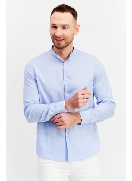 اشتري Men Band Collar long Sleeves Plain Casual Shirts, Light Blue في الامارات