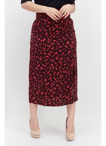 اشتري Women Floral Pattern Midi Skirts, Maroon/Pink في الامارات