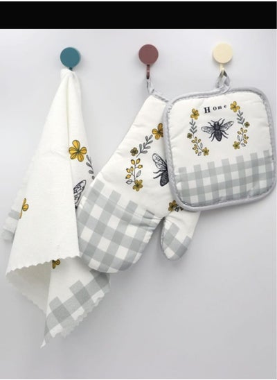 Buy Set Oven Bee Mitts Adjustable Cooking Apron Grilling BBQ Mitts Insulation Microwave Gloves hot Pot Holders Kitchen Apron Oven Mitts Baking Glove Thicken Protector Polyester White in Saudi Arabia