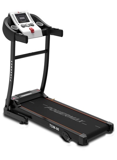 اشتري جهاز سير كهربائي PowerMax Fitness TDM-98 (4.0HP Peak) قابل للطي للمنزل، سعة 100 كجم، سرعة قصوى 10 كم في الساعة، برامج محددة مسبقًا، أجهزة استشعار HR، AUX/USB مع مفاتيح الصوت، شاشة LED في الامارات