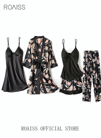 اشتري 5-Pack Women's Pajama Sets Sling with Chest Pad Nightdress Sweet Sleepwear Home Wearing Clothes Suits Ladies Floral Printing Nightwear Lingerie Robe Underwear Shorts Summer Spring Black في الامارات