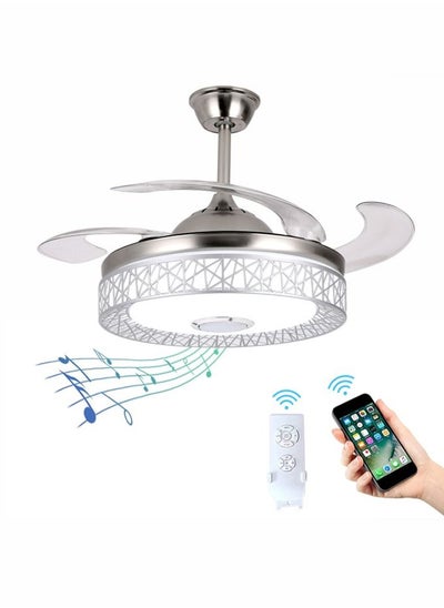 اشتري 42-inch Bluetooth audio fan light, simple fan light with remote control and mobile phone remote control, pure copper silent inverter motor with headwind (silver ) في الامارات