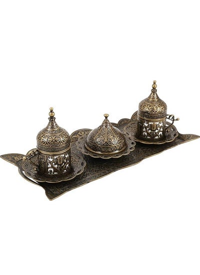 Buy Turkish, Greek, and Arabic Coffee Serving Set for Two – Includes 2 Glass Cups, Rectangular Tray, Cup Holders, Lids, Saucers, Sugar Bowl with Lid of Copper – Elegant Bronze Design, Crafted in Türkiye in Saudi Arabia