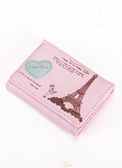 Buy Leather Flip Wallet & Card Holder with 7 Pockets and Zipped Pocket Pink- Eiffel Tower in Egypt