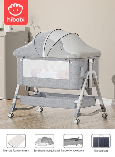 Buy Folding Baby Bedside Crib With Large Storage Basket, Side Mesh Portable Infant Travel Crib,Adjustable Height Soft Mattress with Swivel Wheels mosquito net - Grey in Saudi Arabia