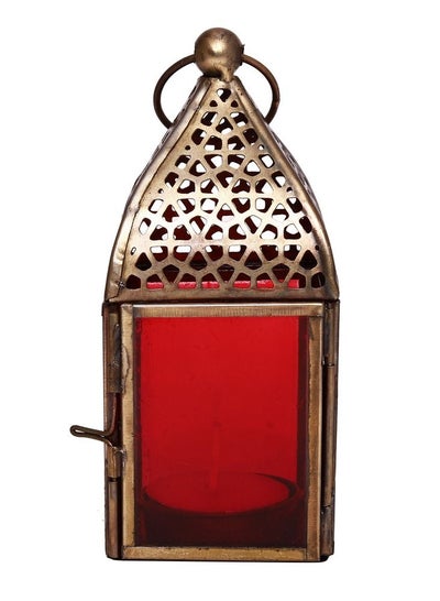 Buy HILALFUL Handmade Decorative Candle Lantern, Small | Suitable for Indoor & Outdoor Décor | Moroccon Arabian Style | For Home Decoration in Ramadan, Eid | Iron | Islamic Gift | Red Glass in UAE
