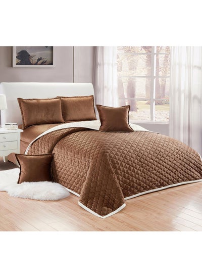 Buy 4 Pieces Dual Color Comforter Set For All Season Single Size 160x210 Cm Velvet Bedding Set Geometric Quatrefoil Cloud Stitched Design Brown White in Saudi Arabia