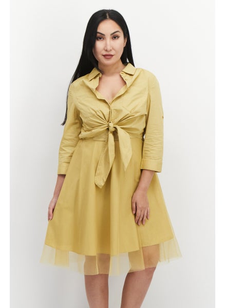 Buy Women 2 Pcs Plain Midi Shirt Dress, Mustard in UAE