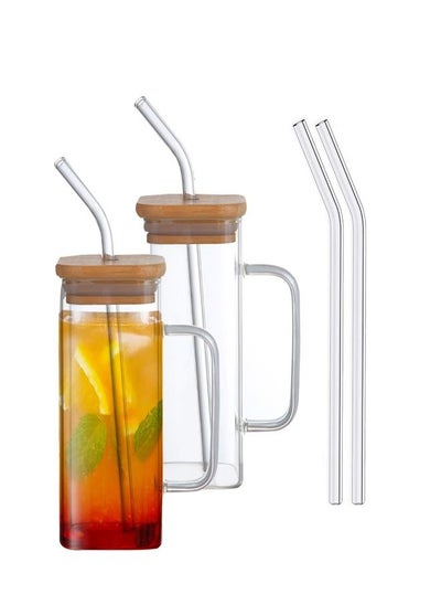 اشتري Borosilicate Square Glass Jar With Bamboo Lid,Glass Straw and Handle, Can Shaped Drinking Glass Cup 320 ML 2Pcs في الامارات