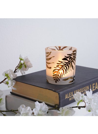 Buy Galore Glass Candle Holder with Leaves Design Dia7.3x8cm - Gold in UAE