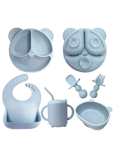 Buy Complete 8-Pieces Silicone Baby Crockery Set, BPA Free Baby Tableware Set with Soft Silicone Bib and Utensils in UAE