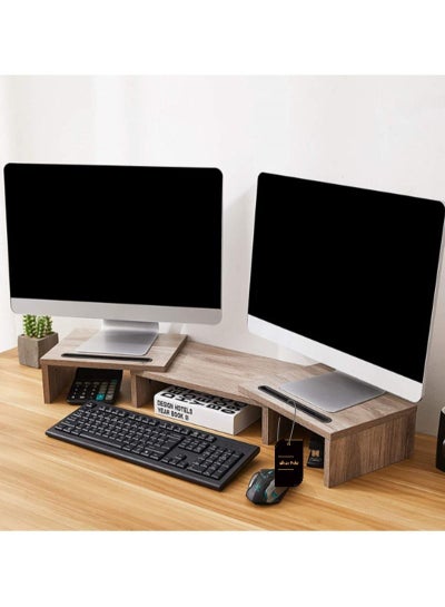 Buy Dual Monitor Stand -Adjustable Length and Angle Dual Monitor Riser, Computer Monitor Stand with 2 Slots, Desktop Organizer, Monitor Stand Riser for PC/Computer/Laptop Brown in Saudi Arabia