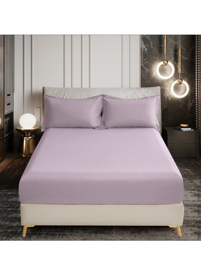 Buy Bedding Fitted Sheet 3-Pcs Super King Size Solid Bed Sheet Set Fits(200x200CM) With Pillowcases And 35 CM Extra Deep Brushed Microfiber Bed Sheet,Lilac in UAE