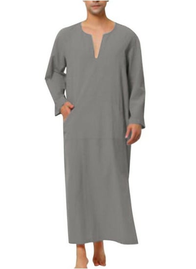 اشتري Men's Muslim Solid Color Loose Robe Thobe Long Sleeve Side Split Kaftan Grey في السعودية