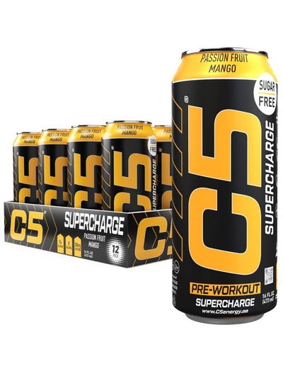 Buy C5 Energy Drink Supercharge, Pre-Workout, 200mg Caffeine, Sugar Free, Zero Calories with Beta Alanine, L-Arginine 16fl.OZ, 473ml - (Full Box 12 Cans, Passion Fruit Mango) in UAE