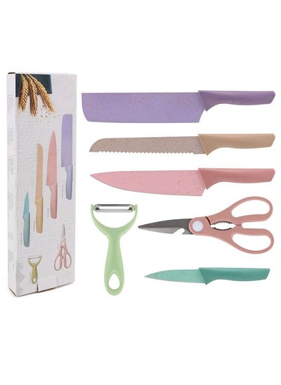 Buy 6-Piece Colorful Kitchen Knife Set with Non-Stick Coating,  Wheat Straw Material Handle Knife Set for Cutting Meat Scissors Peeler Slicing Paring Fruits Vegetables in Saudi Arabia