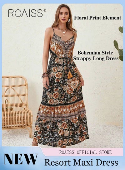 Buy Printed Maxi Dress for Women Bohemian Style Floral Vacation Dress with Adjustable Straps Waist Cinching and Beach Elements in UAE
