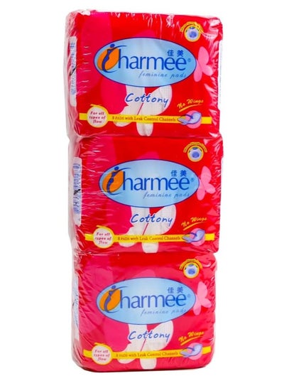 Buy Charmee Feminine Cottony Pads, No Wings with Leak Control Channels Sanitary Napkin (Each pack of 8"s) (3) in UAE