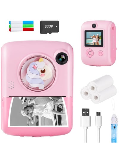 Buy M1 Mini Print Camera for Children Instant Pictures Thermal Printing Camera 32 GB TF Card Display 2.0 inch 720P HD Video Photo, 3 coloring pens and 3 rolls included, Pink Unicorn in UAE