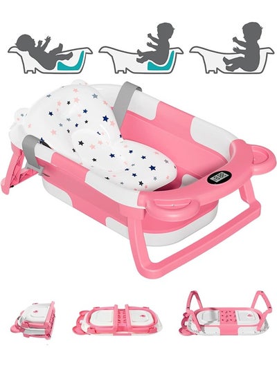 Buy Baby Foldable Bath Tub with Bathmat Cushion & Thermometer, Portable Baby Bathtub with Drain Hole, Shower Basin with Non-Slip Support Leg for 0-36 Months Boy Girl (Pink) in Saudi Arabia