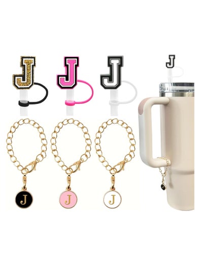 اشتري 3PCS Straw Cover 10mm For Stanley Tumbler Cup Reusable Straw Cap Topper and 3 Initial Letter Charms J Handle Charm For Stanley 30 and 40 Oz Cup Tumbler في السعودية