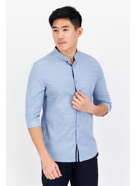 اشتري Men Regular Fit Solid Elbow Sleeves Casual Shirt, Blue في الامارات