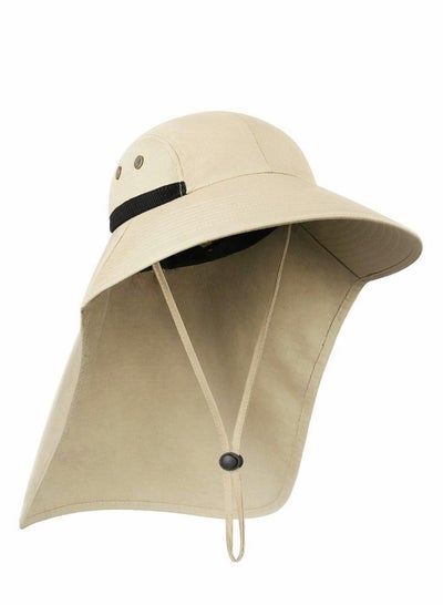 Buy Outdoor Sun Hat for Men, 50+ UPF Protection Safari Cap Wide Brim Pure Cotton Fishing with Neck Flap, Khaki in Saudi Arabia