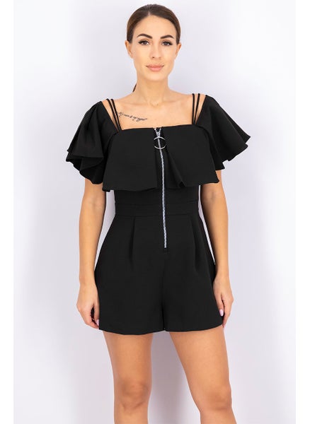 اشتري Women Square Neckline Textured Playsuit, Black في الامارات